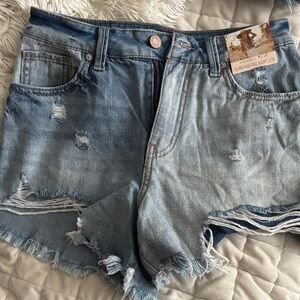 Sincerly Jules Light Blue Distressed High-Rise Jean Shorts